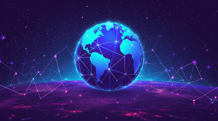 Global satellite communication showing big data being transmitted across the world while using the internet by the use of worldwide artificial intelligence, stock illustration image - obrazy, fototapety, plakaty