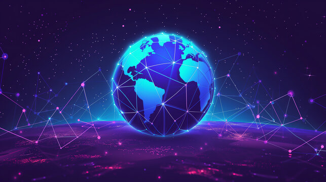 Global satellite communication showing big data being transmitted across the world while using the internet by the use of worldwide artificial intelligence, stock illustration image