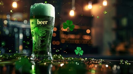 A glass of traditional Irish cold green beer with foam  for St. Patrick's Day stands on the table with text 