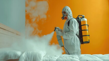 Disenfector in a protective suit and mask cleans the bedroom from insects, rodents, bedbugs, mold and bacteria. Pest control industry