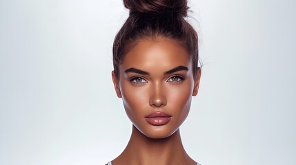 Portfolio of beautiful Latina woman, fashion model with a regular oval face, blue eyes and clean, perfect skin. Face model for advertising skin care products brand, creams, lotions, face masks - obrazy, fototapety, plakaty