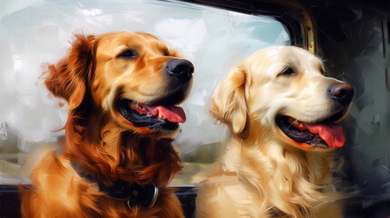 Happy golden retrievers enjoying a car ride with their heads out of the window, tongues out.