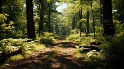 Obraz premium A road in the woods with the sun shining UHD WALLPAPER