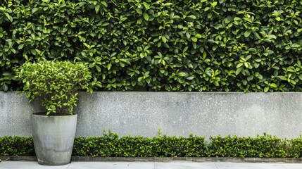 Fototapeta na wymiar Tranquil Minimalistic Garden featuring Trimmed Hedge and Potted Plant