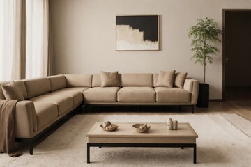 Modern Japandi-style living room with a sofa, beautiful paintings, stylish table, and furniture in a perfect composition.