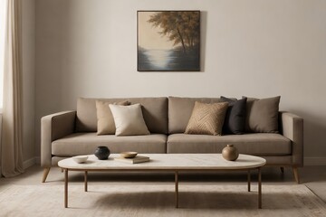 Modern Japandi-style living room with a sofa, beautiful paintings, stylish table, and furniture in a perfect composition.