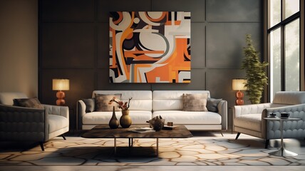 A modern yet cozy living room setup with a designer sofa, a sleek table, and a wall adorned with captivating patterns, exuding sophistication.