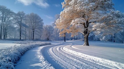 Obraz premium Snow-covered country road at sunset on a winter day. Winter background, nature wallpaper.