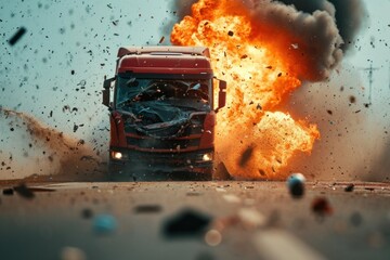 A truck car is involved in a severe collision, with debris flying and doors ajar, against the backdrop of a city street.