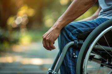 Obraz premium Male hand on wheelchair in the park with sunlights