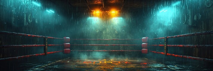 Boxing Ring Illuminated in Dark Room. Generative AI.