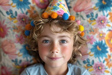 Smiling Young Boy in a Colorful Party Hat Against a colored Background