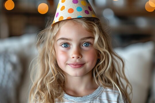 Smiling Young Girl in a Colorful Party Hat Against a colored Background