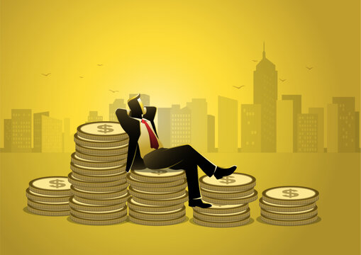 A businessman relaxing while sitting on pile of money - Powered by Adobe