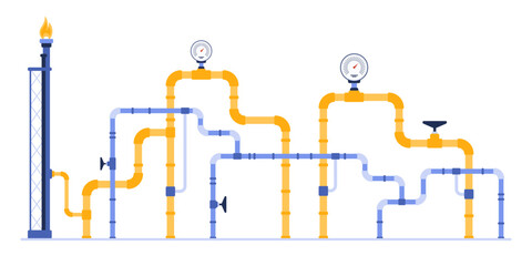 Pipeline system for natural gas transportation. Industrial steel yellow and blue pipes with valves and connection, instruments for pressure measurement and tower with flame cartoon vector illustration