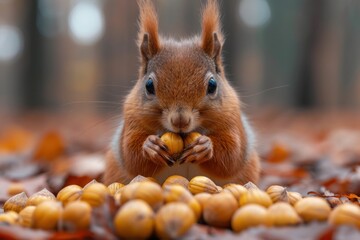 Curious Squirrel Surrounded by Walnuts Against a Warm Autumn Background