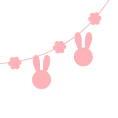 Cute horizontal doodle border with colorful bunny  flower flag garland Easter egg element decor