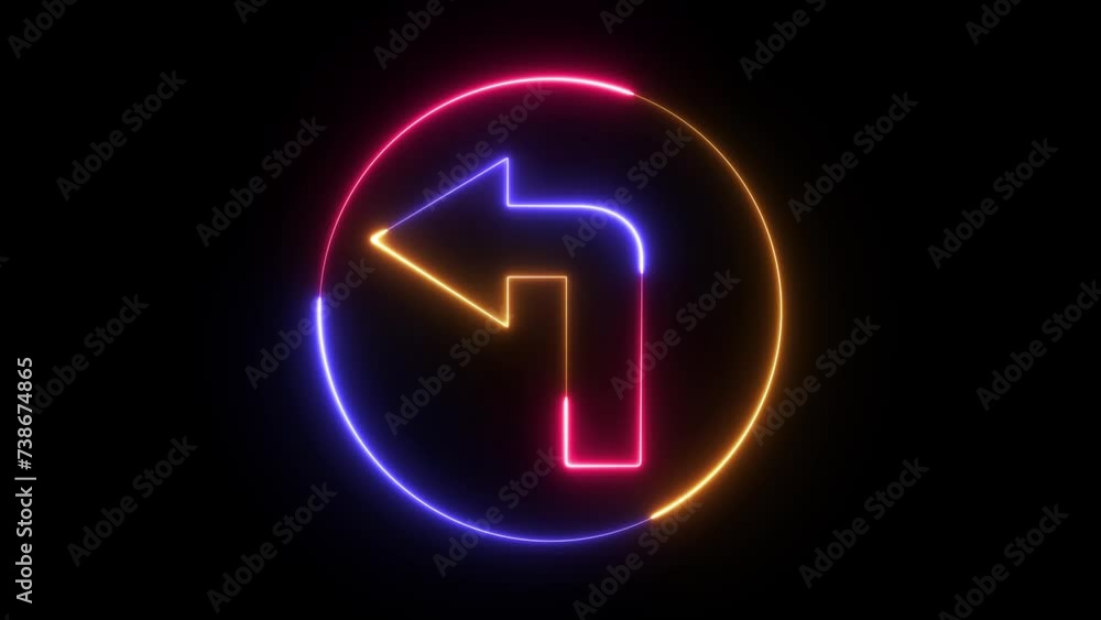 Poster neon line left arrow blinking animation. abstract neon directional arrow icon and looking signal on 