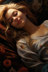 Smiling young blonde woman relaxing happily in bed 