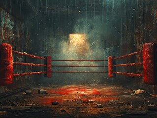 A Painting of a Boxing Ring With Red Ropes. Generative AI.