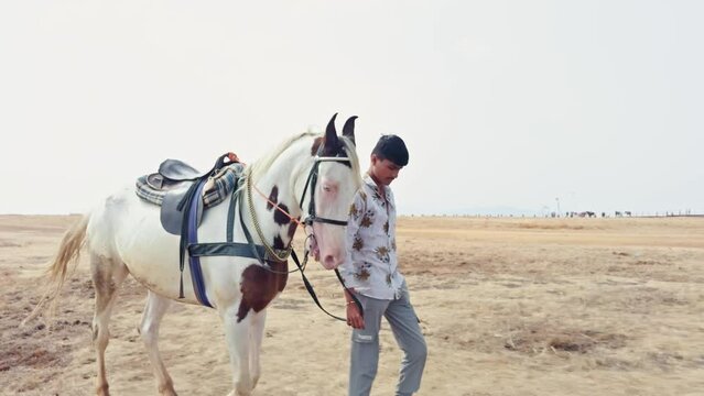 A man leading a horse on a desert dusty trail walking with a clear sky in the background