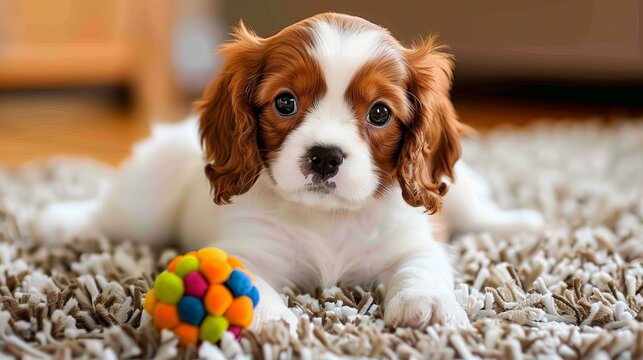 cavalier king charles spaniel puppy playing with toy