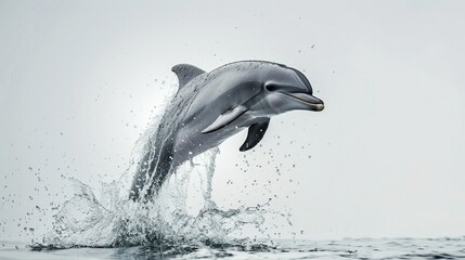 dolphin leaping out of sparkling water against a plain white background