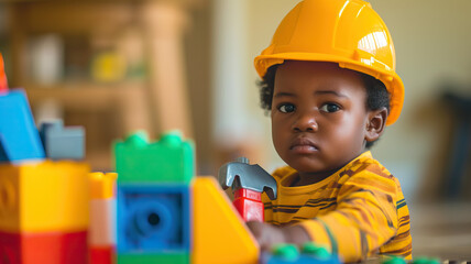 Black Toddler Builder: A toddler with a hard hat and toy tools, pretending to build structures with blocks or toy construction sets - obrazy, fototapety, plakaty