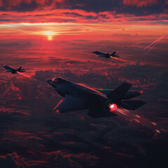 Sleek black fighter jets zooming past with cutting edge technology under the intense blue and red skies - obrazy, fototapety, plakaty
