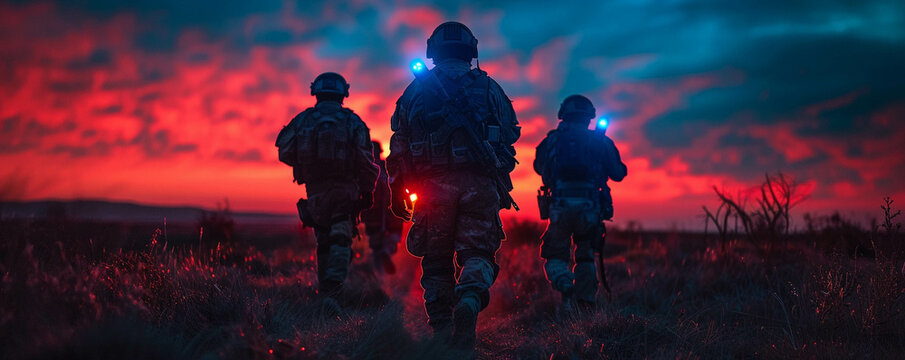 Tactical strike team moving out at dusk their path lit by blue and red tactical lights ready for modern warfare