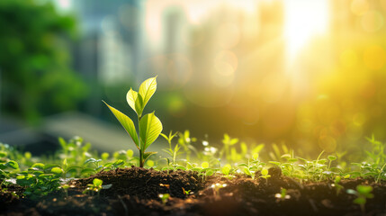 Morning sun shines to the seedling are growing from the rich soil with blurred building background. Development, ESG, Credit Carbon, Green business and sustainability investment concept.