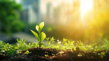 Fotobehang Morning sun shines to the seedling are growing from the rich soil with blurred building background. Development, ESG, Credit Carbon, Green business and sustainability investment concept. © Bnz
