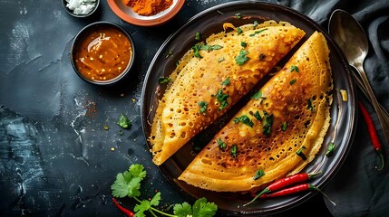 Indian masala dosa served with coconut chutney and spicy sambar for dipping