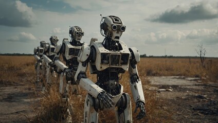 Abandoned robots in the steppe. Futuristic concept