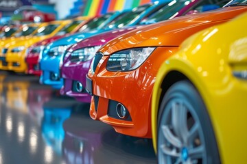 Rainbow of Choices: New Car Selection at Modern Dealership Showroom