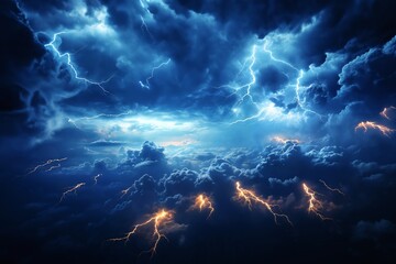 dramatic stormy sky with lightning and dark cumulus clouds aerial view for abstract background