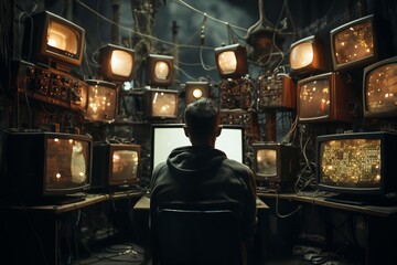 a person in a dark room watches screens and controls computer devices for computing and information processing, video surveillance and hacking
