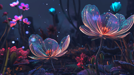 Techno-organic garden where luminous flowers bloom and release shimmering pollen into the night air.