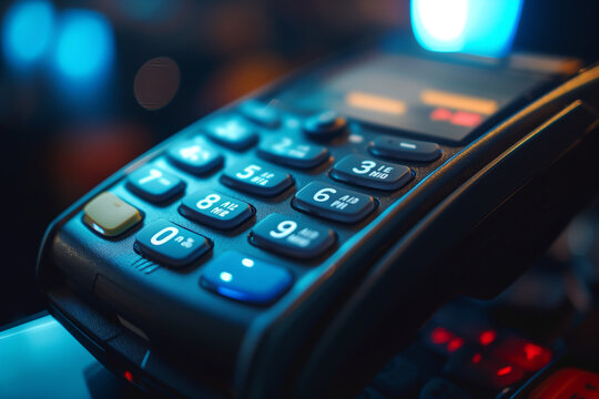Close-up of a Payment Keypad Illuminated with Blue Light in a Retail Setting.