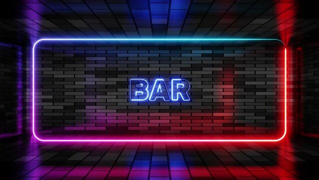 Neon sign bar in speech bubble frame on brick wall background 3d render. Light banner on the wall background. Bar loop nightlife and cocktails, design template, night neon signboard