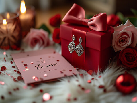 Romantic scene with a red gift box, roses, and a “Be mine” card. This image is perfect for: valentine’s day, love, romance, anniversary, gifts.