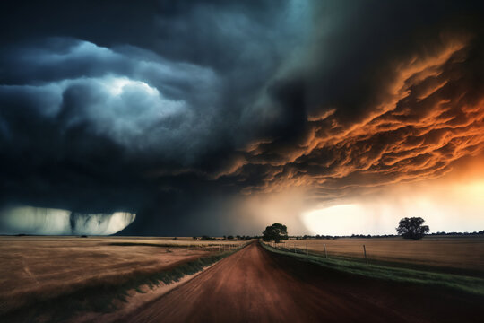 landscape, ground road in plain for abstract background, dark dramatic stormy sky and cumulus clouds