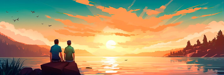 Father and son are fishing together on a river or lake. Happy family for Father's Day. Generative AI