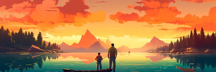Father and son are fishing together on a river or lake. Happy family for Father's Day. Generative AI