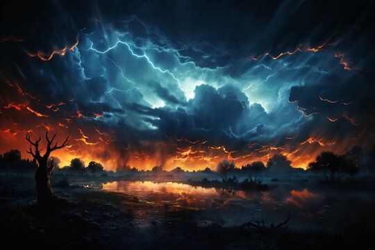 night landscape, dark dramatic stormy sky with lightning and cumulus clouds over forest and river, for abstract background