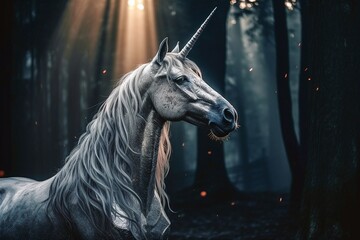 Majestic Unicorn with Shimmering Horn in Mystical Forest Sunlight