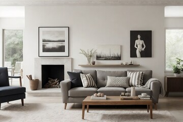 Beautiful and cozy living room interior with sofa and beautiful paintings.