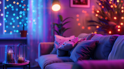 Comfortable sofa with row of soft cushions standing in the center of living room lit with neon