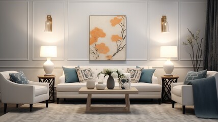 A transitional living room setup with a comfortable sofa, a chic table, and a wall boasting intricate patterns, offering a perfect blend of comfort and style.