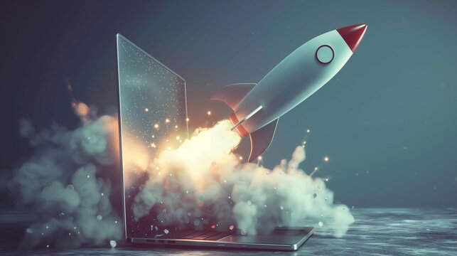 Sleek rocket blasting off from an open laptop screen, symbolizing a groundbreaking startup launch, innovative business concept, and the dynamic initiation of a new entrepreneurial venture.